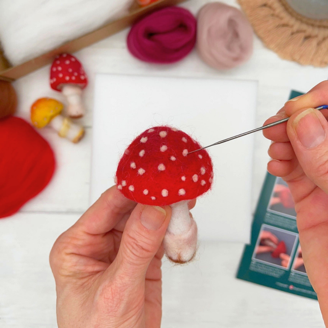 Needle felting a red and white spotted toadstool from the Bergin & Bath kit