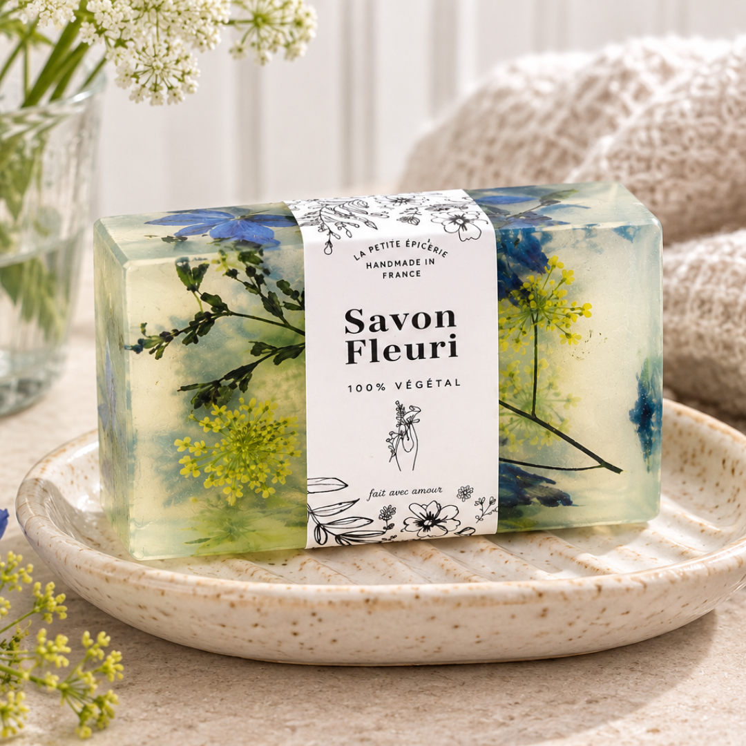 Finished handmade floral soaps created with the La Petite Epicerie Natural Soap Making Kit.
