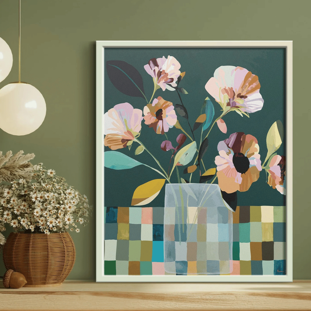 Completed Greenscapes Paint by Numbers artwork by Journey of Something displayed framed on a shelf with home décor.