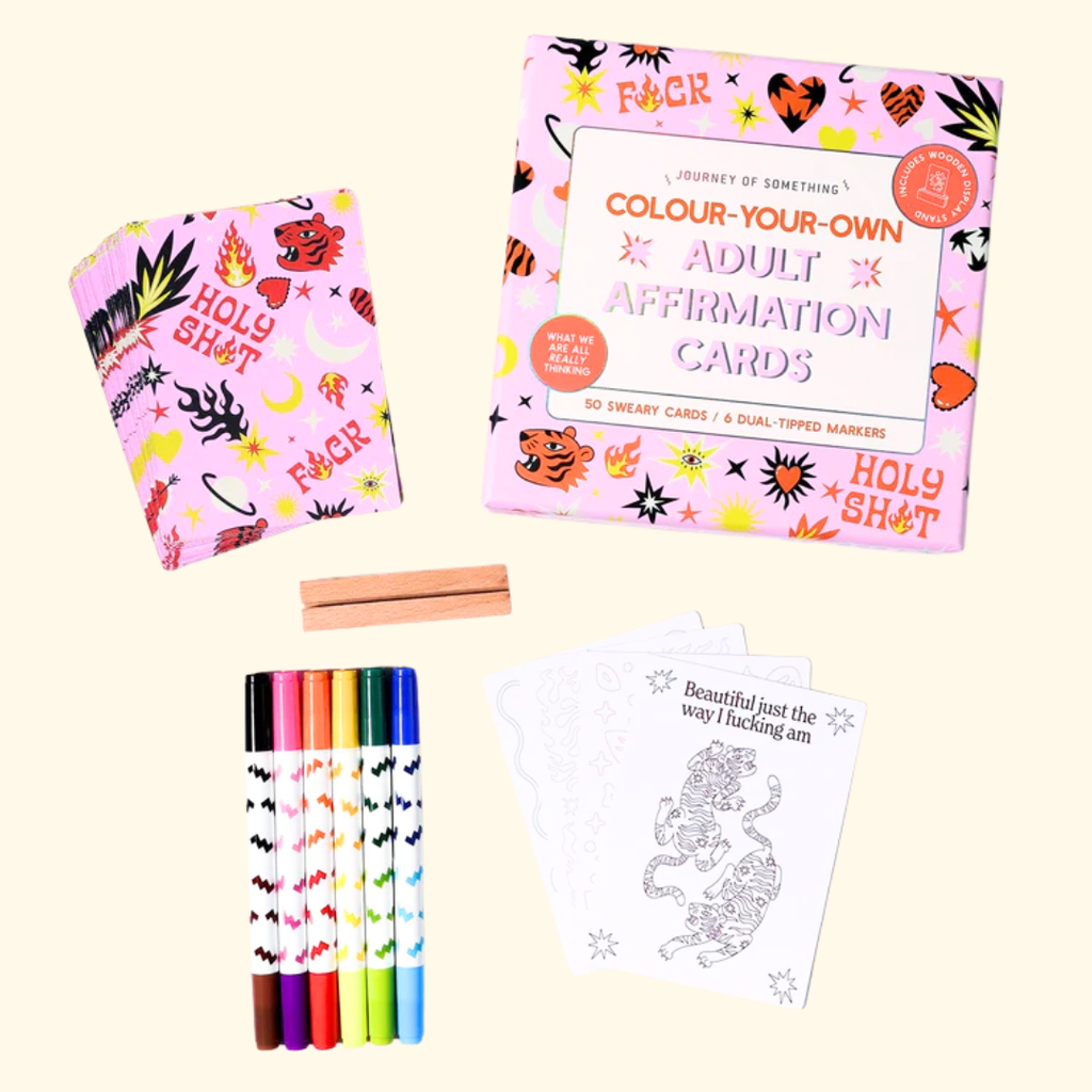 Adults Only Colouring Affirmation Cards by Journey Of Something with markers, colouring cards and wooden display stand