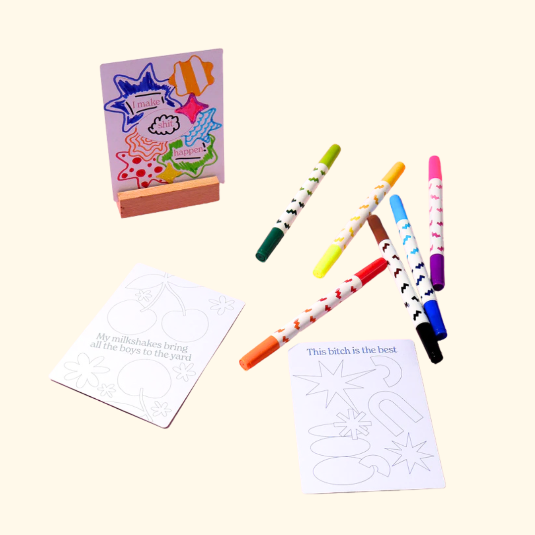 Journey Of Something Adults Only Colouring Affirmation Cards activity sheets with coloured markers on display