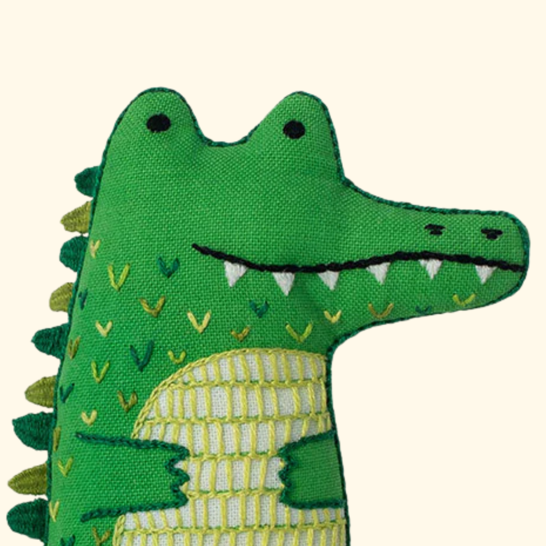 Close up of the finished alligator embroidery kit