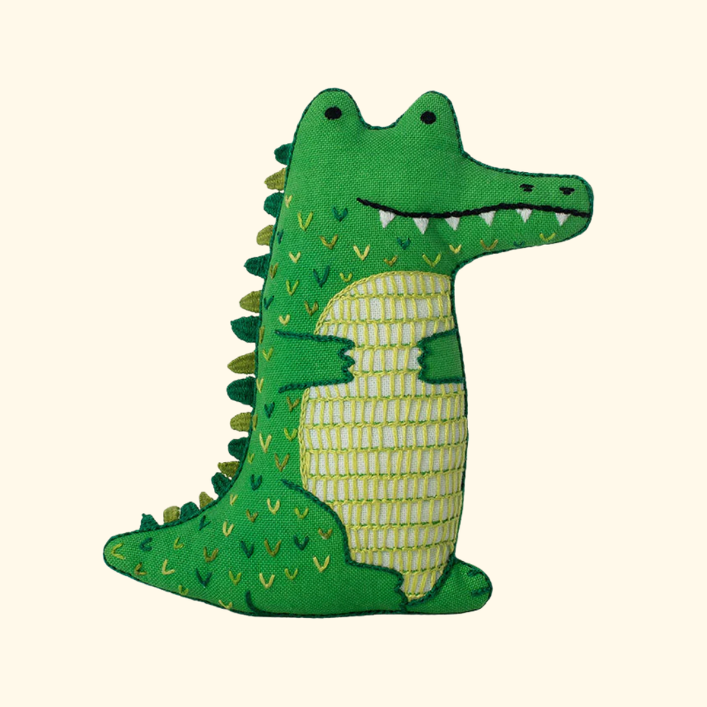 Finished alligator embroidery kit by Kiriki Press