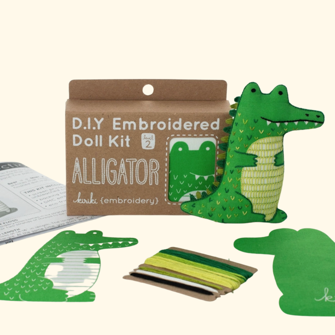 Contents of the Kiriki Press alligator embroidery kit