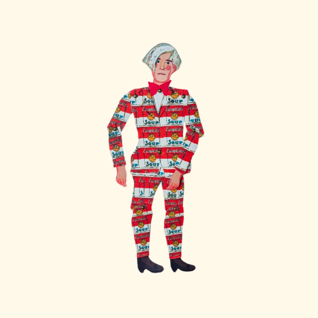 Finished Andy Warhol articulated paper puppet from the Wini Tapp Cut & Make craft kit