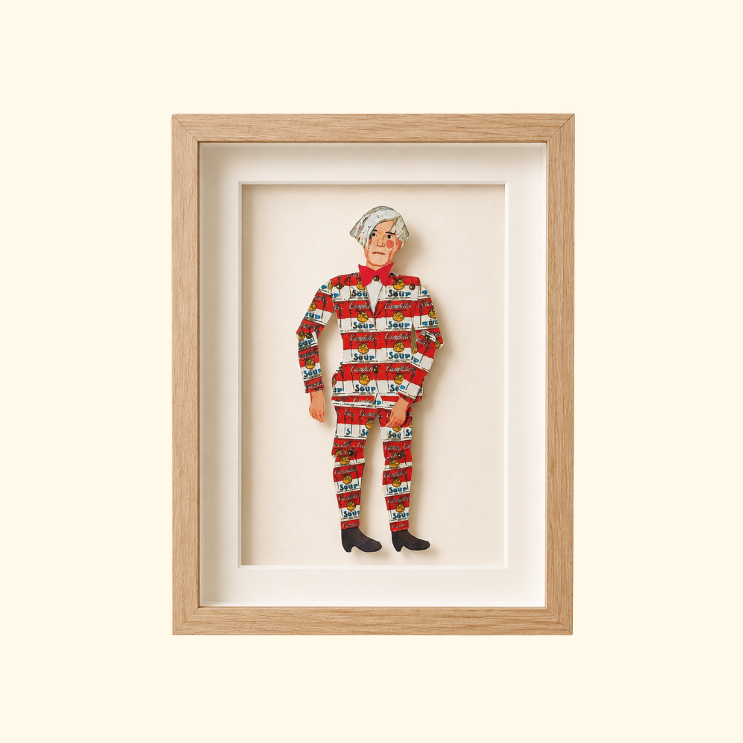Andy Warhol paper puppet craft kit by Wini Tapp displayed finished in a wooden frame