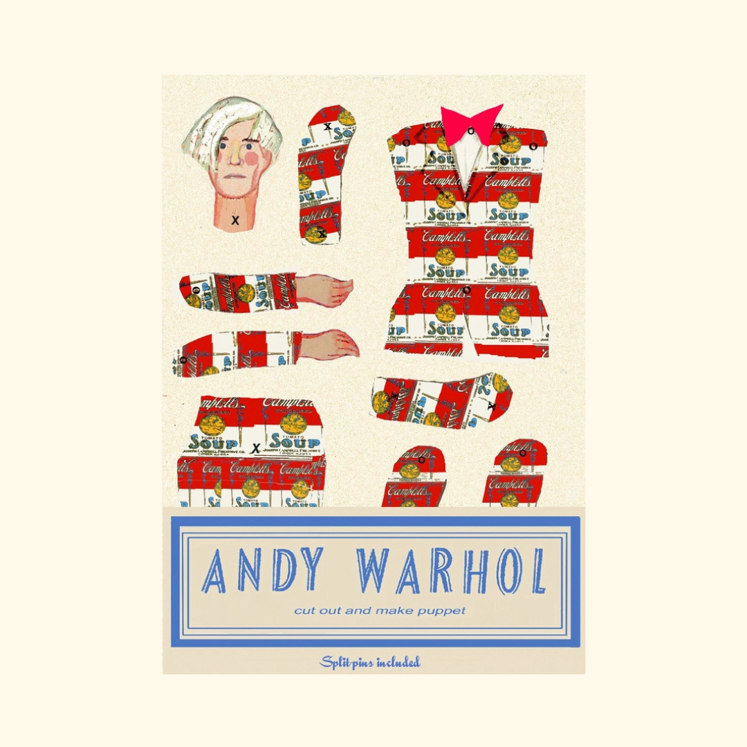 Andy Warhol Cut & Make Paper Puppet Kit by Wini Tapp with illustrated craft pieces