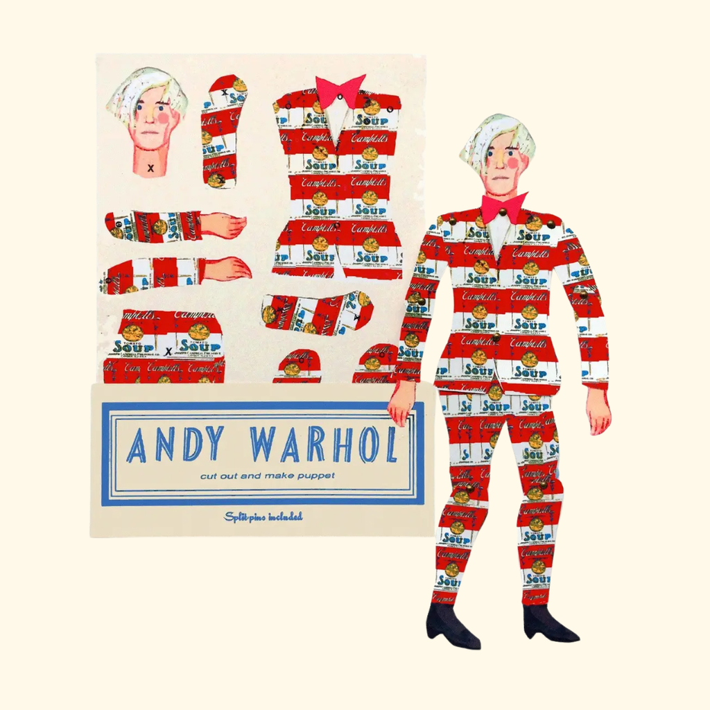 Andy Warhol Cut & Make Paper Puppet Kit by Wini Tapp in illustrated packaging