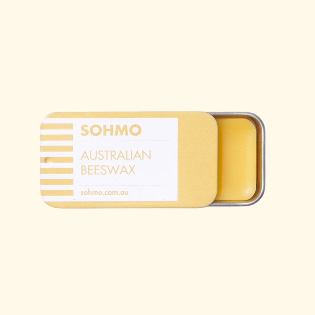 Australian Beeswax Thread Conditioner by SOHMO in a rectangular gold tin with a cream product label, photographed against a neutral background.