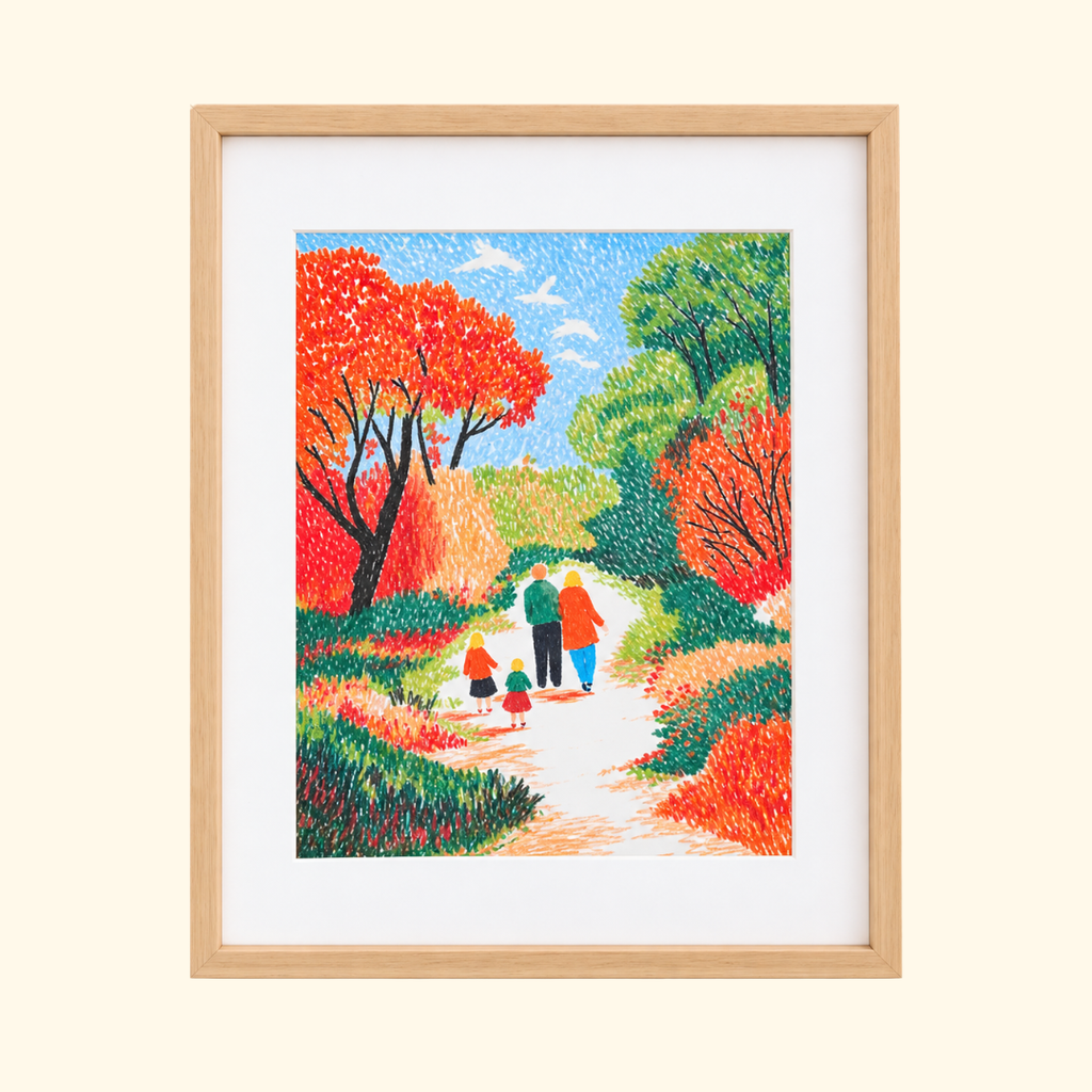 Autumn Stroll Pastels By Numbers Kit by La Petite Epicerie featuring a colourful autumn landscape with vibrant red trees, displayed in a natural timber frame.