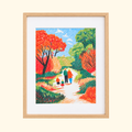 Autumn Stroll Pastels By Numbers Kit by La Petite Epicerie featuring a colourful autumn landscape with vibrant red trees, displayed in a natural timber frame.