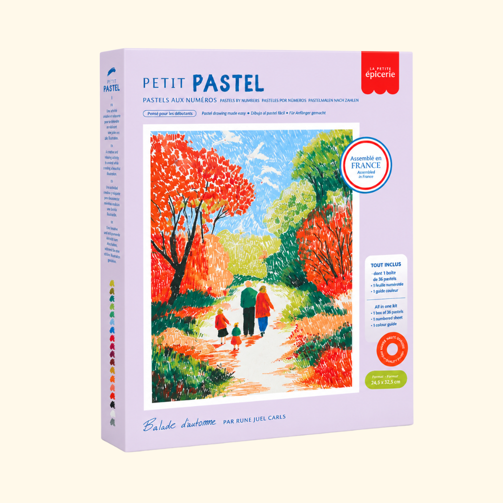 Autumn Stroll Pastels By Numbers Kit by La Petite Epicerie in its original packaging featuring a colourful autumn landscape illustration.
