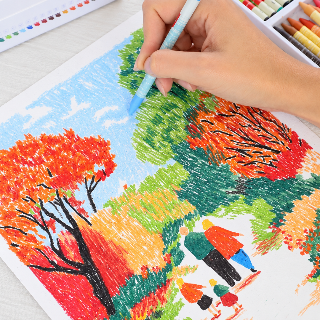 Close-up of the Autumn Stroll Pastels By Numbers artwork being coloured with wax pastels, featuring bright autumn foliage and a winding pathway.