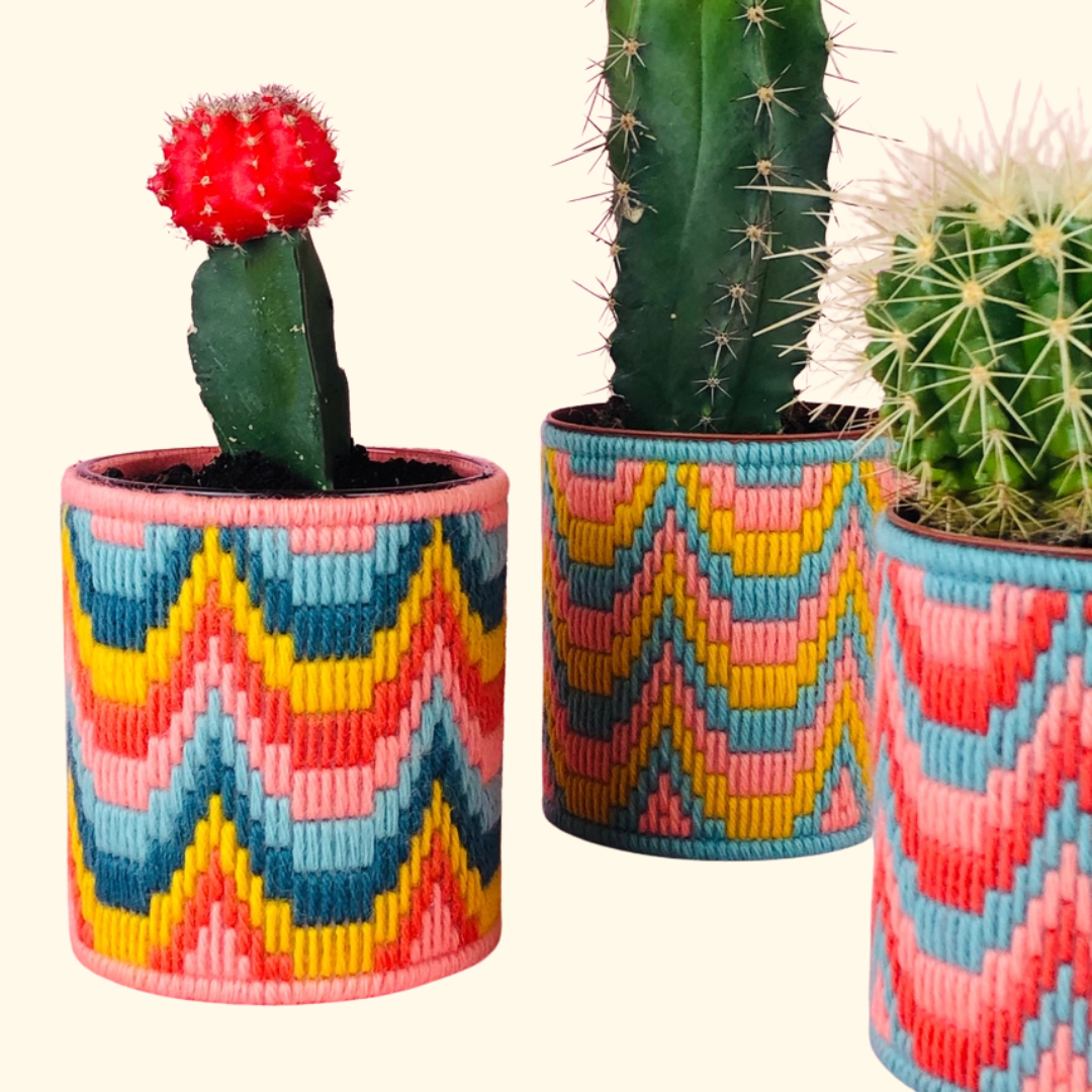 Three completed bargello plant pot covers stitched in colourful geometric designs, displayed around potted cacti to showcase the finished project.