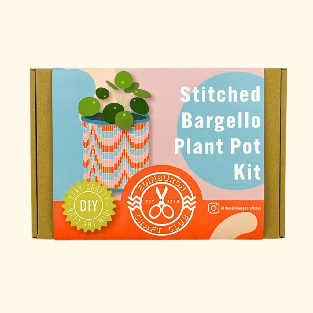The Edinburgh Craft Club Bargello Pot Plant Kit packaged in its illustrated gift box, a beginner-friendly needlepoint kit for stitching colourful geometric plant pot covers.