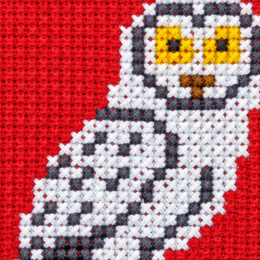 Close-up of the finished barn owl cross stitch design with grey feathers and yellow eyes on a red background.
