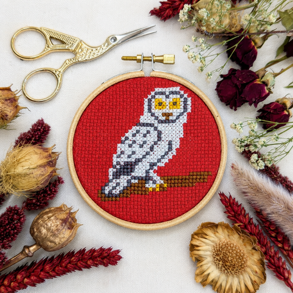Finished barn owl cross stitch displayed in a wooden hoop surrounded by autumn leaves, feathers and scissors.