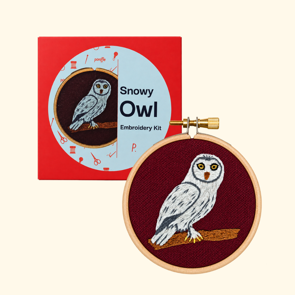 Paraffle Snowy Owl Mini Embroidery Kit with packaging and finished hoop design.