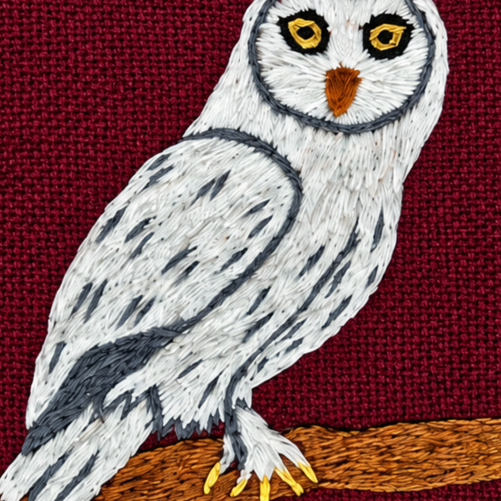 Close-up of the completed white snowy owl embroidery stitched on burgundy fabric.