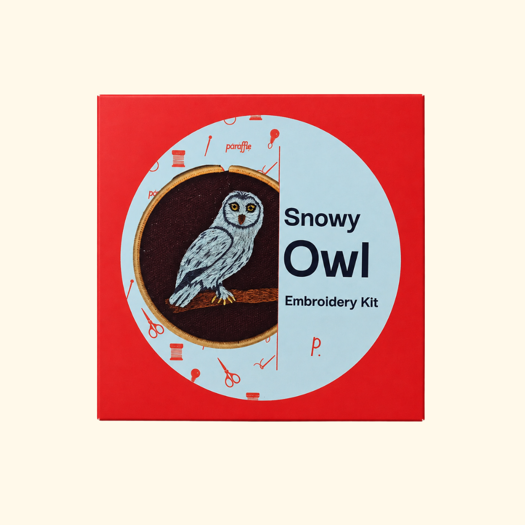 Paraffle Snowy Owl Mini Embroidery Kit packaging featuring the completed owl design.