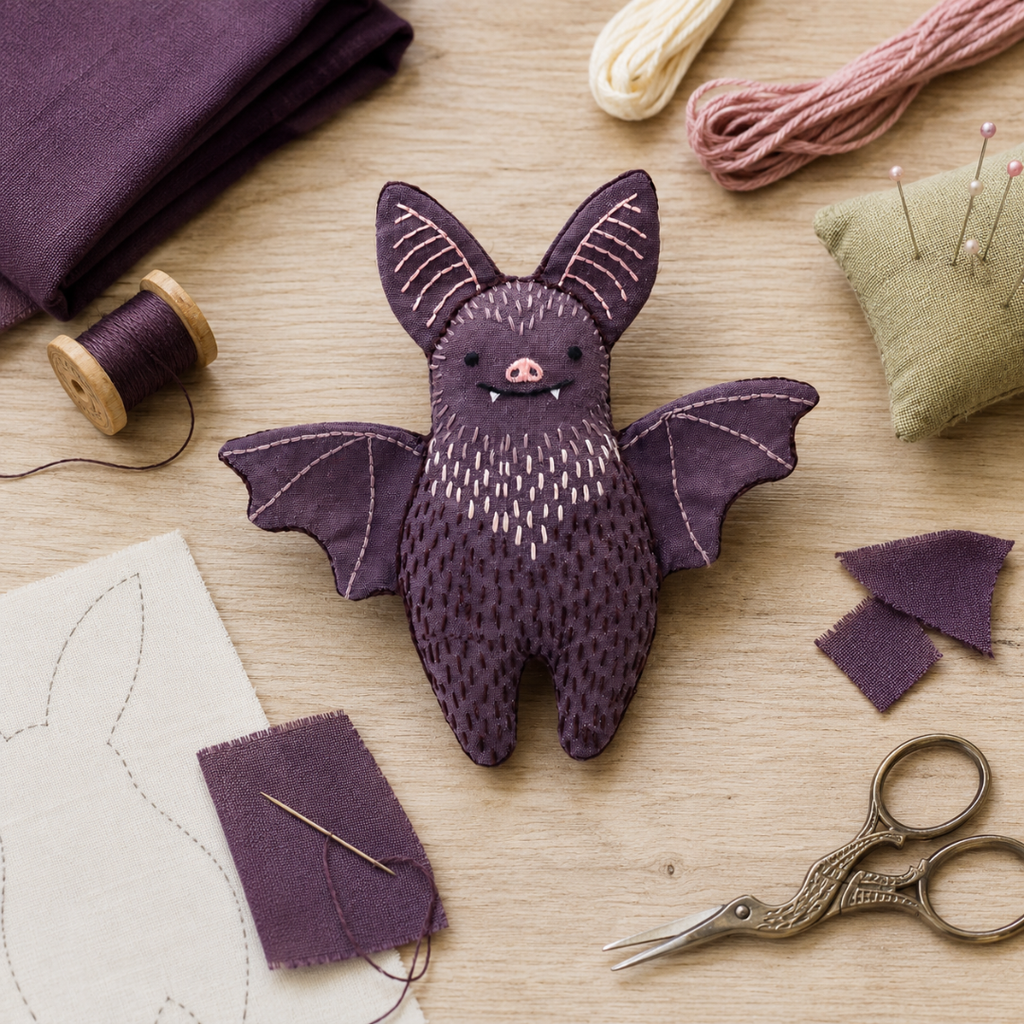 Finished Kiriki Press bat embroidery doll displayed with fabric, scissors, thread and sewing supplies.