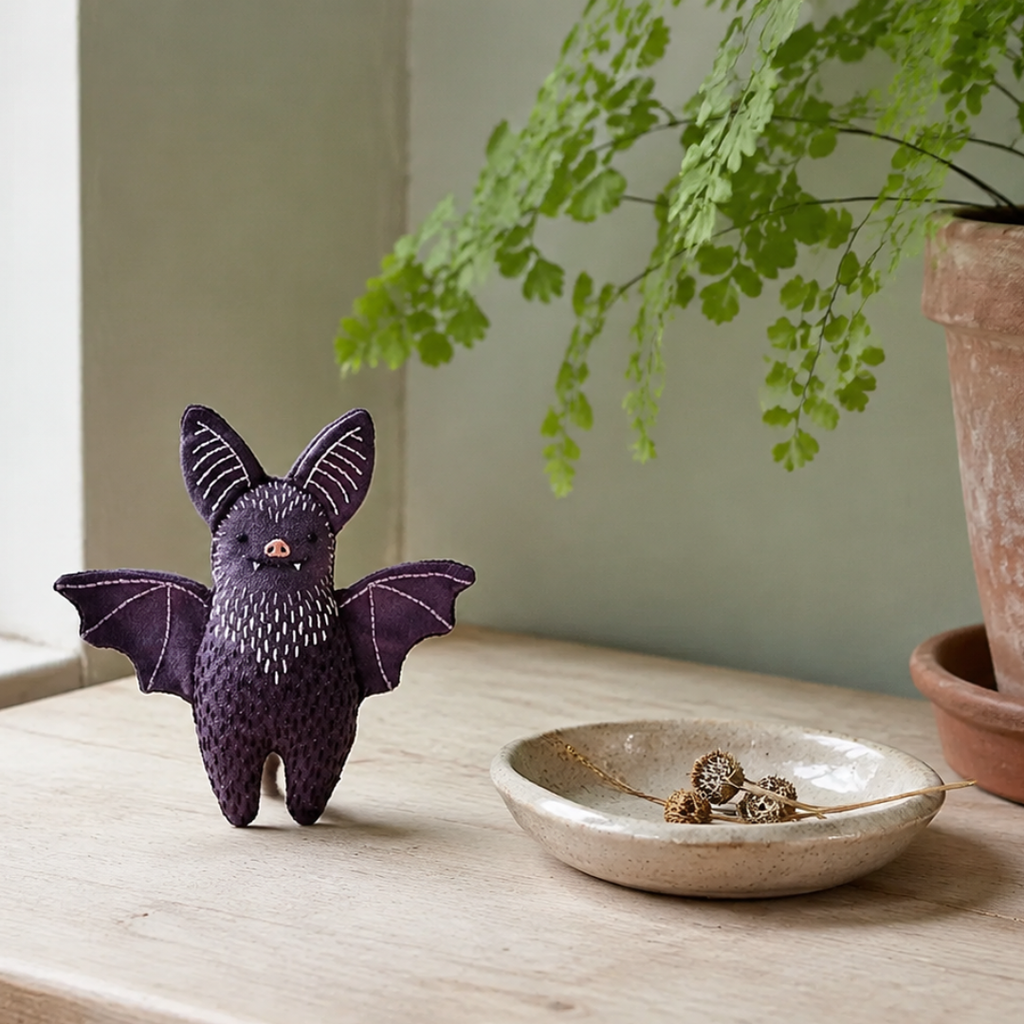 Finished purple bat embroidery doll displayed on a shelf beneath trailing green foliage.