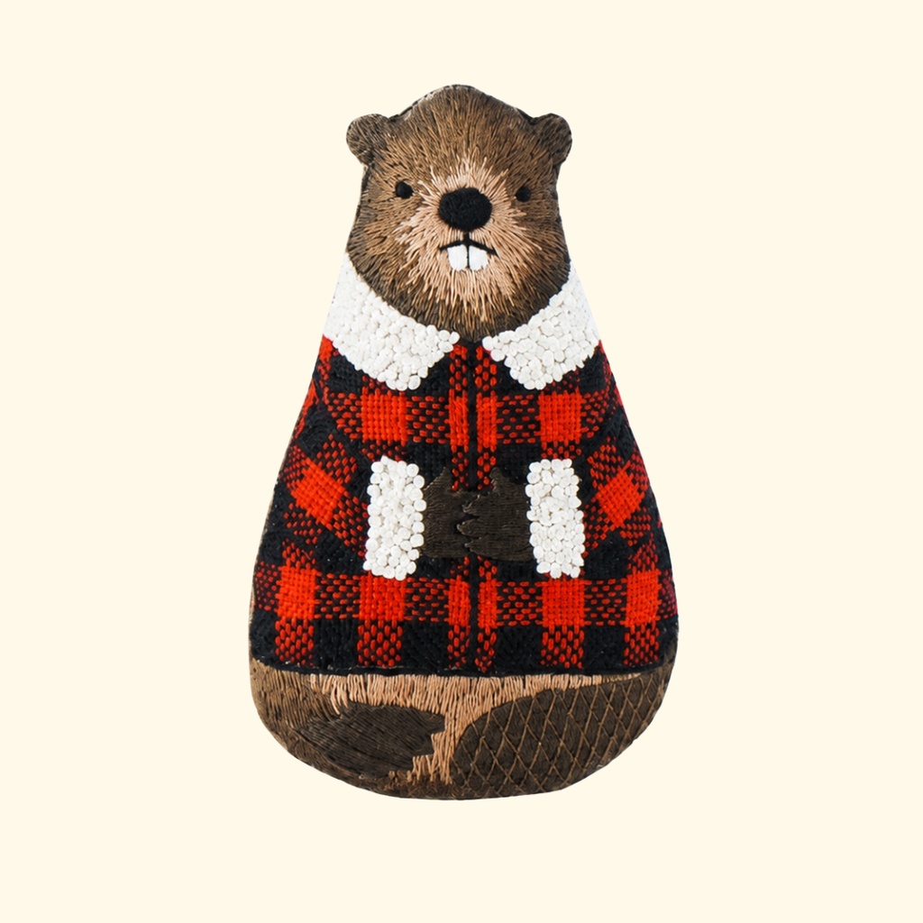 Finished Beaver Embroidery Kit doll wearing a red and black plaid jacket by Kiriki Press.