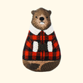 Finished Beaver Embroidery Kit doll wearing a red and black plaid jacket by Kiriki Press.