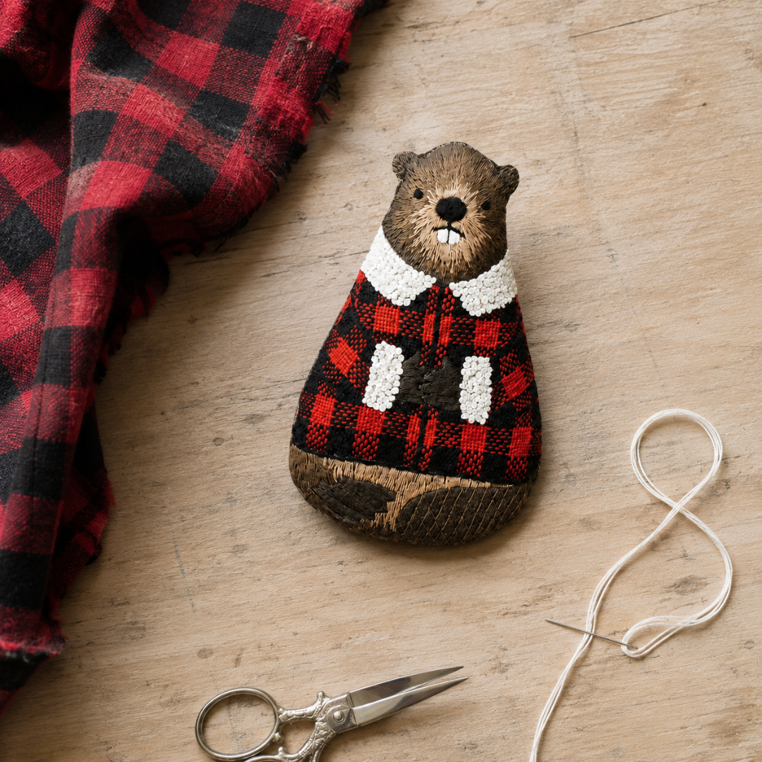Finished Kiriki Press beaver embroidery doll displayed with thread on a neutral fabric background.