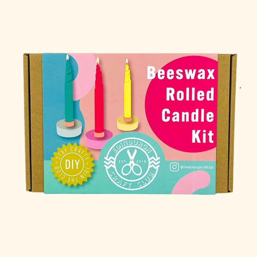 The Edinburgh Craft Club Beeswax Rolled Candle Making Kit packaging featuring a beginner-friendly DIY candle making craft kit.
