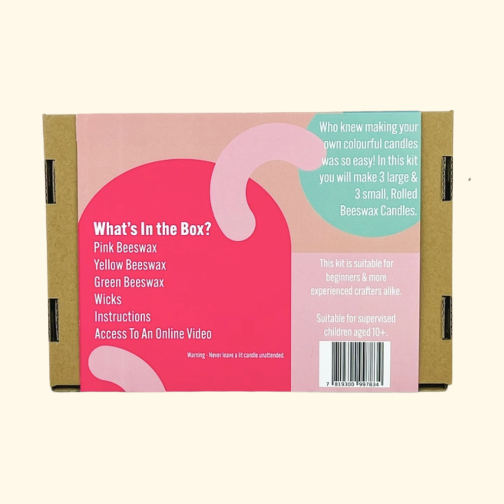 Rear of The Edinburgh Craft Club Beeswax Rolled Candle Making Kit packaging showing contents, instructions and product information.