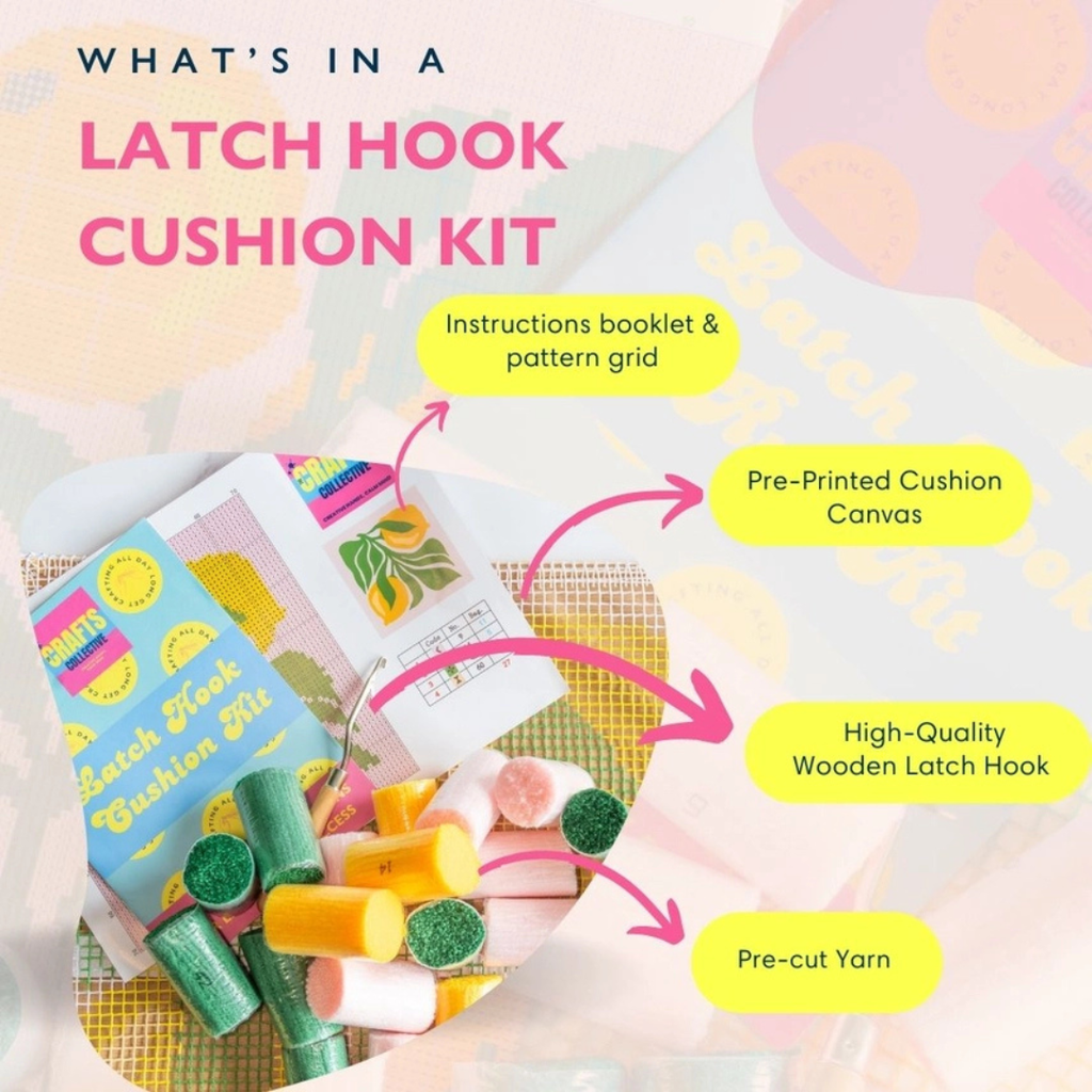 Bloomin Lovely Latch Hook Cushion Kit contents including yarn, printed canvas, latch hook tool and instructions.