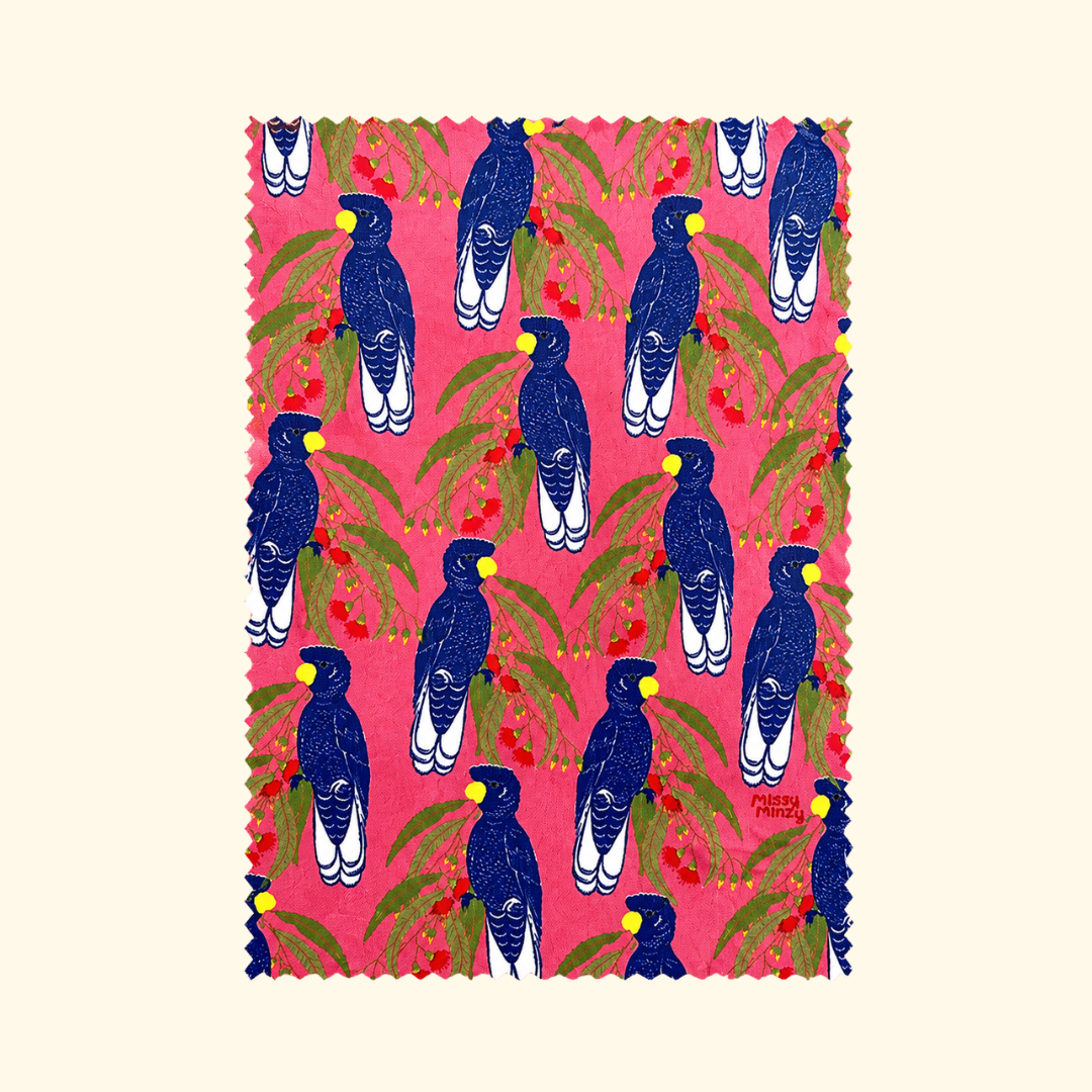 Blue Cockatoo microfibre cloth by Missy Minzy featuring a colourful illustrated cockatoo pattern in blue, pink and orange.