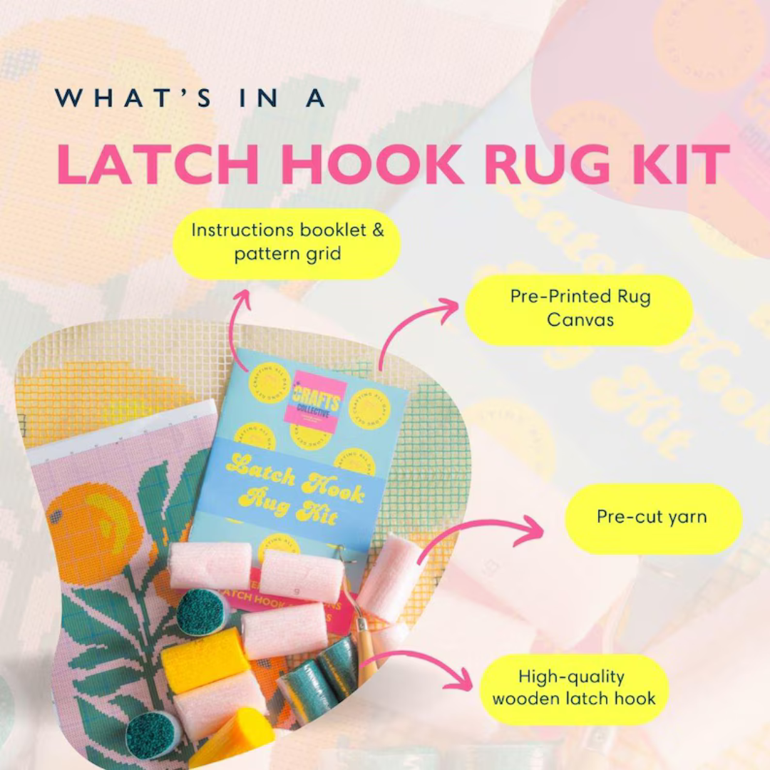 Latch hook kit for beginners including coloured yarn, printed canvas, latch hook tool and pattern guide.