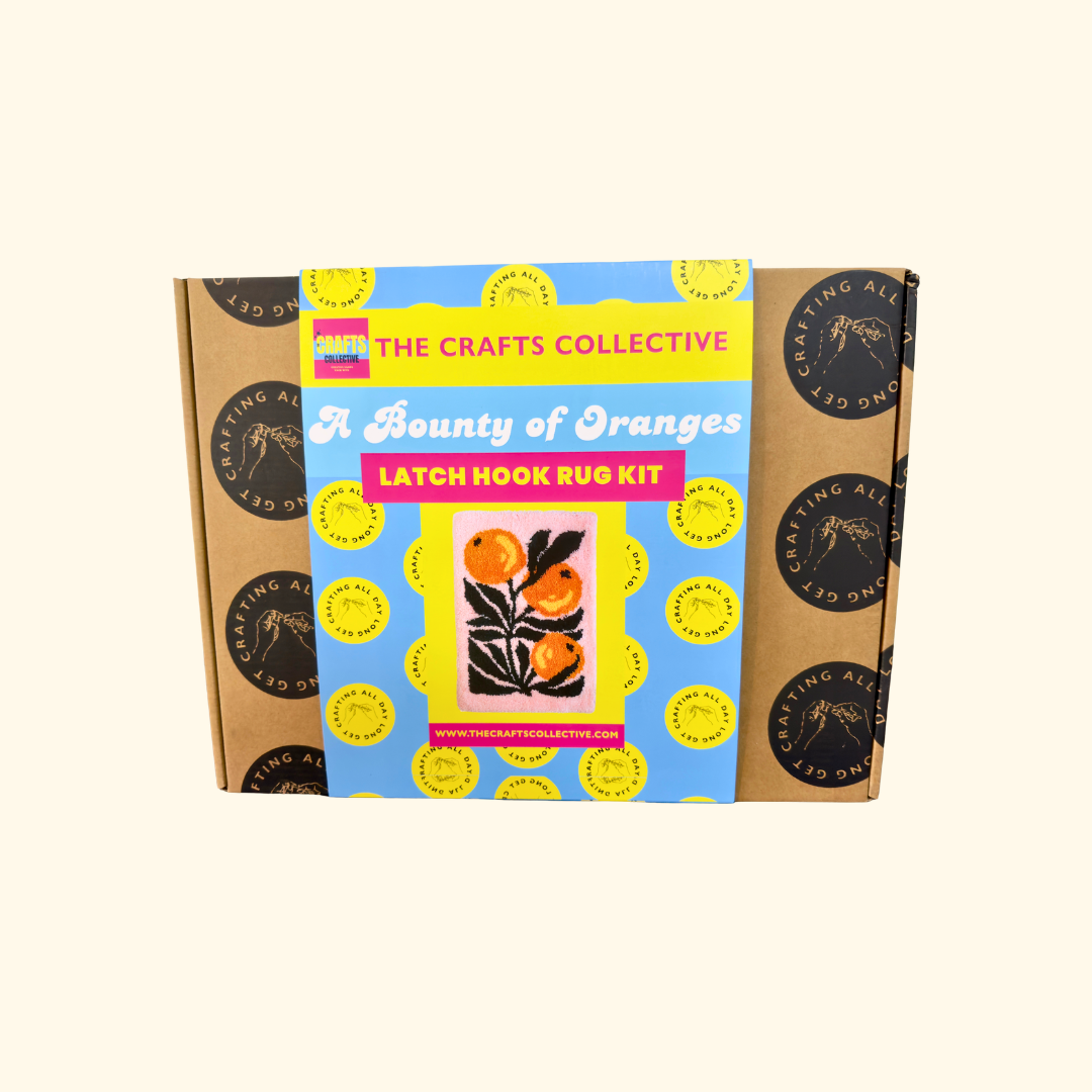 Rug hooking kit contents including pre-cut yarn, printed canvas, latch hook tool and instructions for beginners.