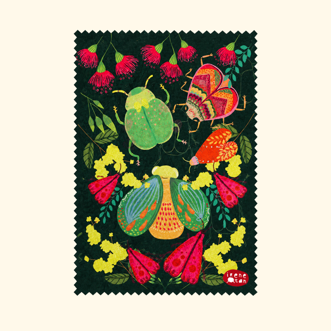 Bug Life microfibre cloth by Missy Minzy featuring colourful illustrated insects and botanical details on a black background.