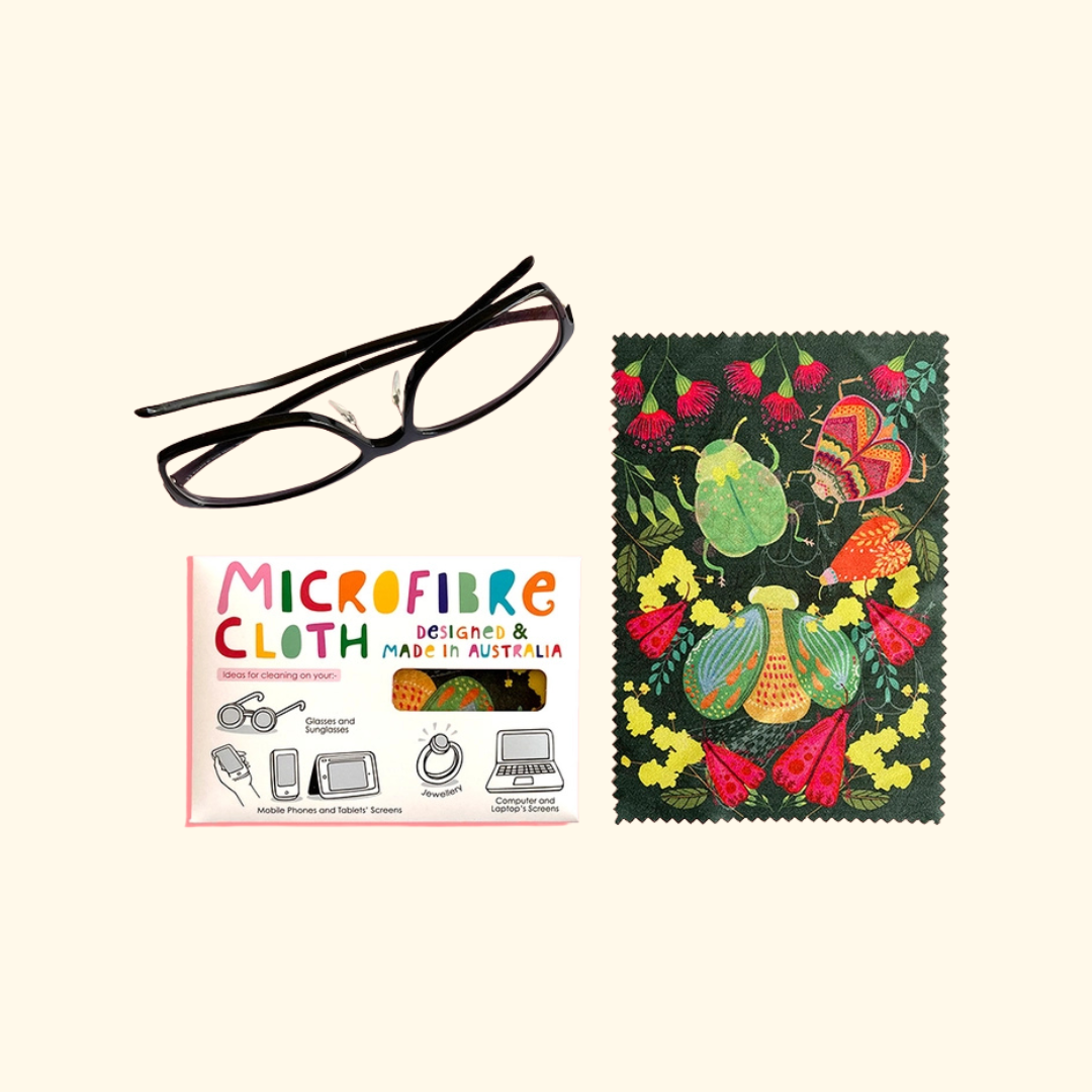 Bug Life microfibre cloth by Missy Minzy shown folded beside its colourful product packaging.