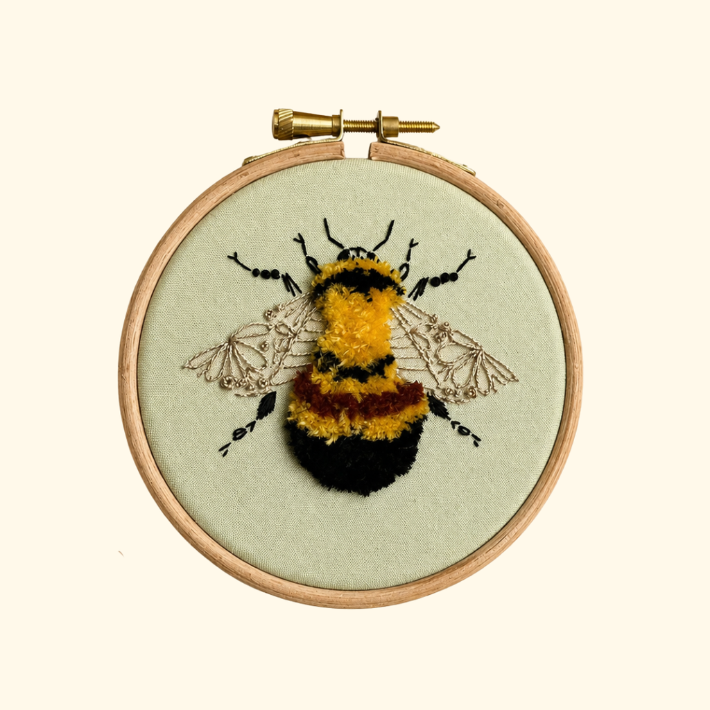 Completed Bumblebee Mini Embroidery Kit by Nest Embirdery featuring a fluffy yellow and black bee in a wooden hoop.