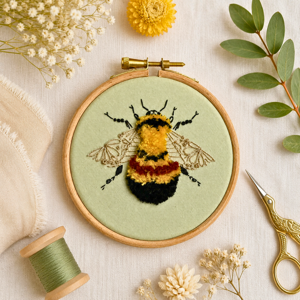 Completed Nest Embirdery Bumblebee Mini Embroidery Kit styled with embroidery scissors, green thread and botanical details.