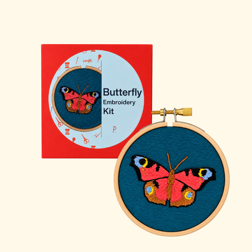 Paraffle Butterfly Mini Embroidery Kit with packaging and finished hoop design.