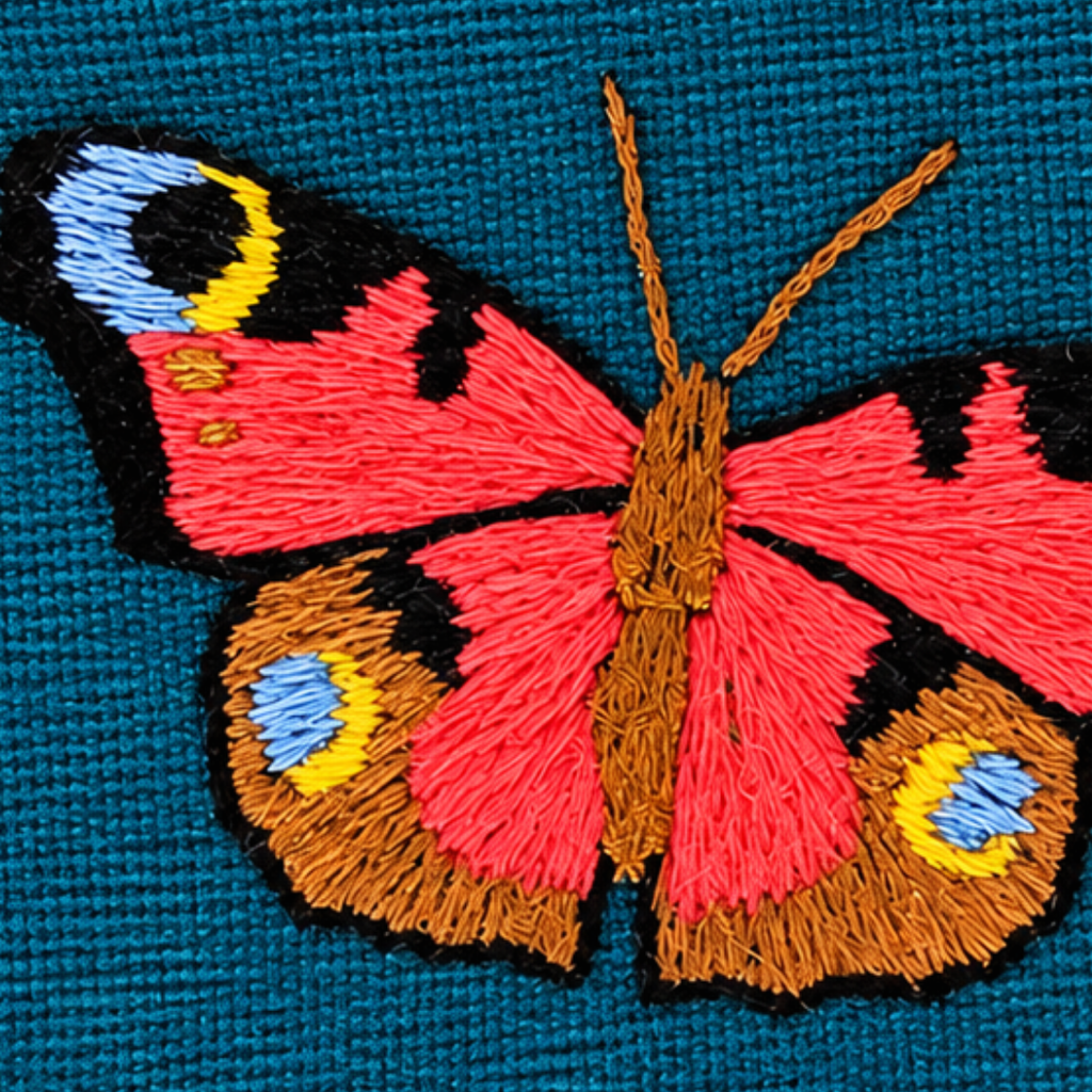 Close-up of the completed pink and orange butterfly embroidery stitched on blue fabric.