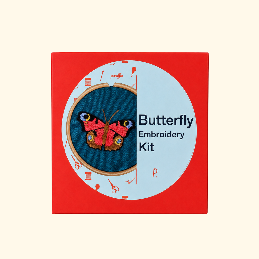 Paraffle Butterfly Mini Embroidery Kit packaging featuring the completed butterfly design.