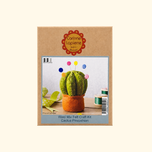 Cactus Pincushion Felt Craft Kit box packaging by Corinne Lapierre featuring the finished felt cactus pincushion project.