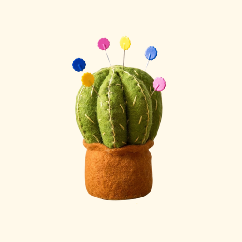 Completed Cactus Pincushion Felt Craft Kit by Corinne Lapierre featuring a handcrafted felt cactus in a terracotta-style pot with colourful pins.
