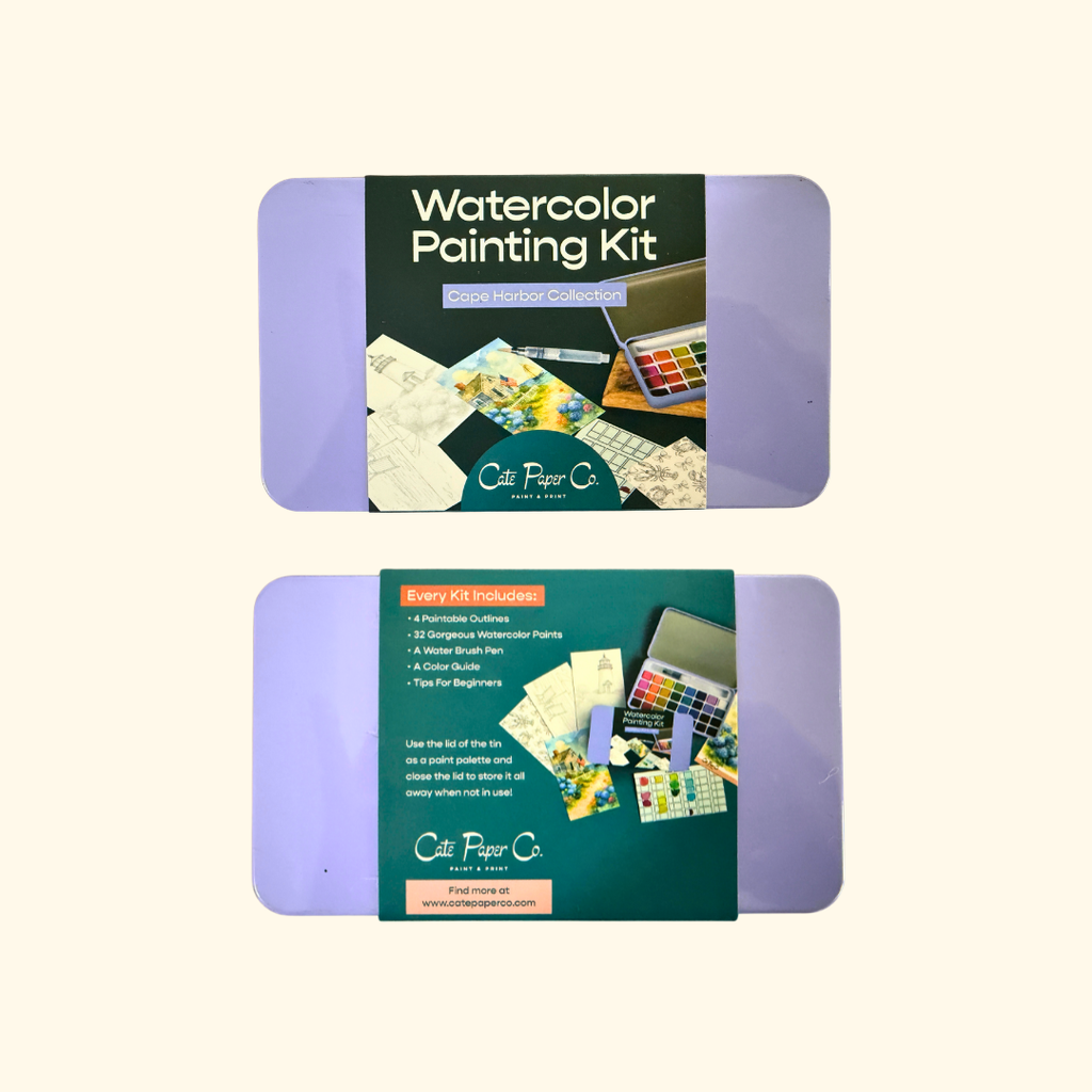 Front and back of the Cape Harbor Watercolour Painting Kit by Cate Paper Co packaging displayed side by side.