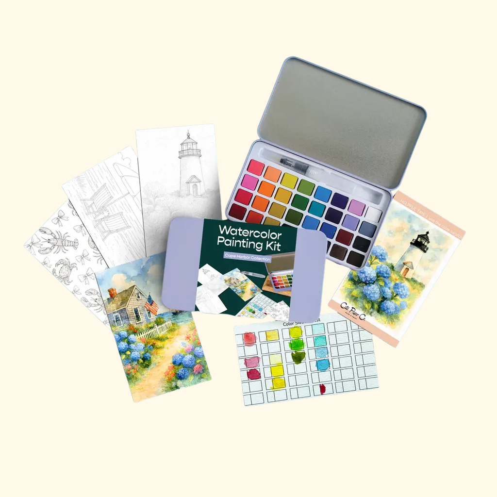 Everything included in the Cape Harbor Watercolour Painting Kit by Cate Paper Co, featuring premium watercolour outlines, paints, a water brush and colour guide.