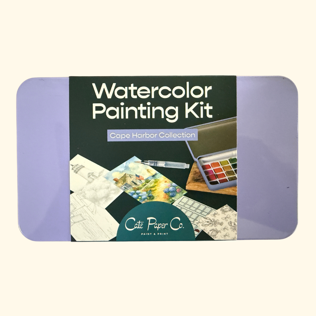 Cape Harbor Watercolour Painting Kit by Cate Paper Co presented in its beautifully illustrated reusable tin.
