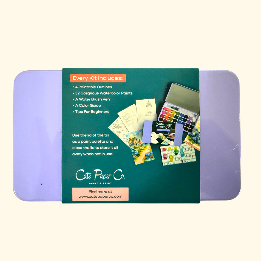 Close-up of the Cape Harbor Watercolour Painting Kit by Cate Paper Co packaging highlighting the kit contents and product details.