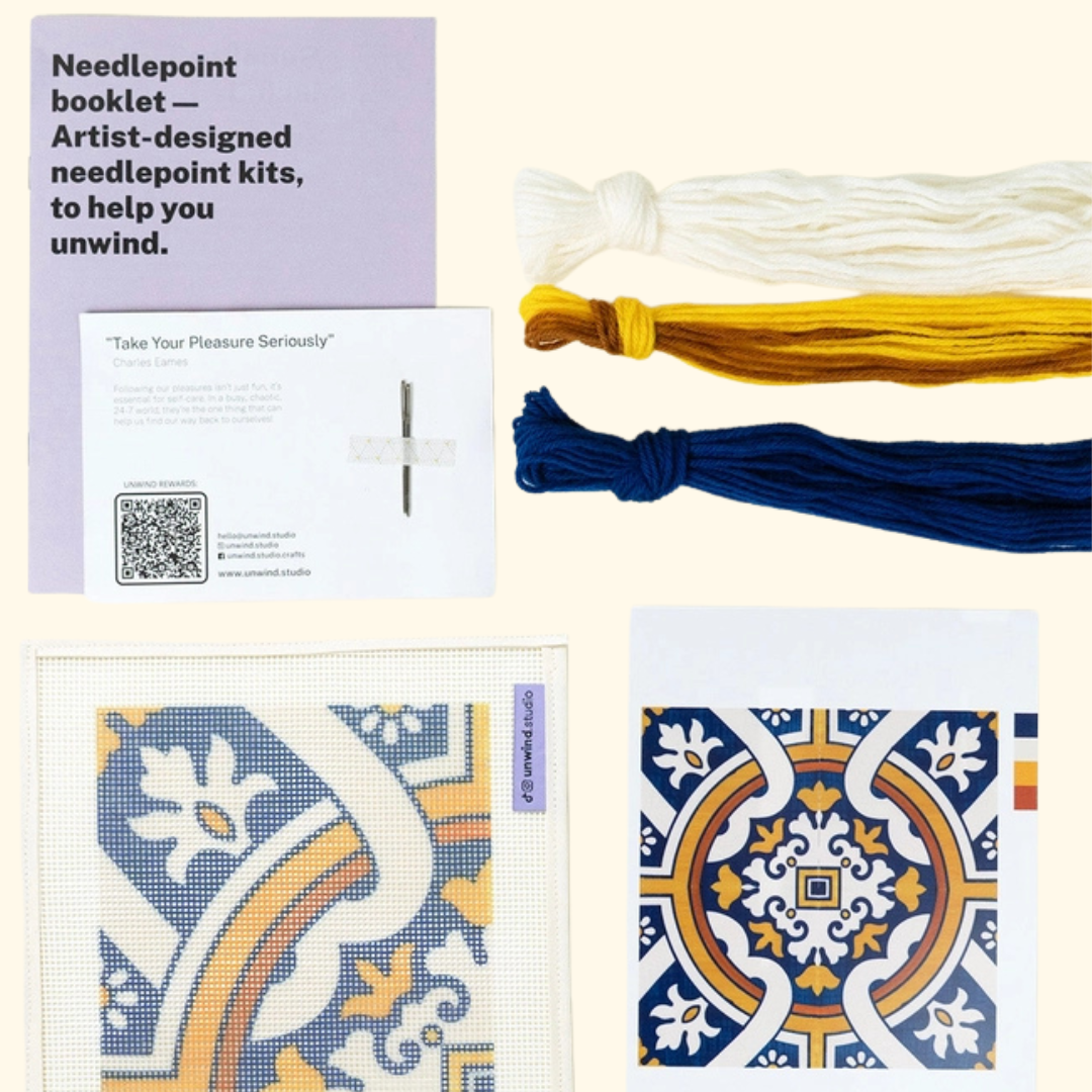 Cedofeita needlepoint kit contents with printed canvas, Appletons tapestry wool, needles, instructions and colour guide.