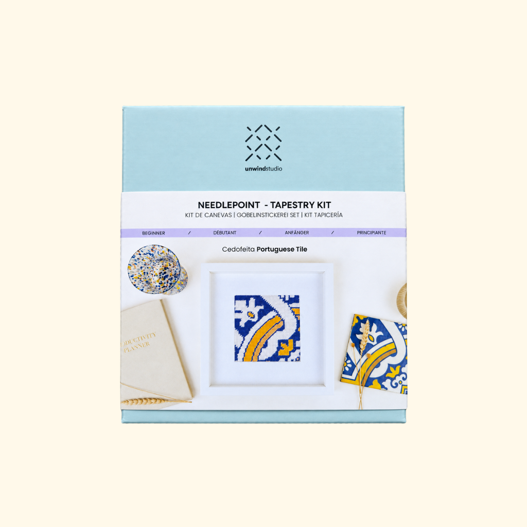 Cedofeita Portuguese Tile Needlepoint Kit packaging by Unwind Studio.